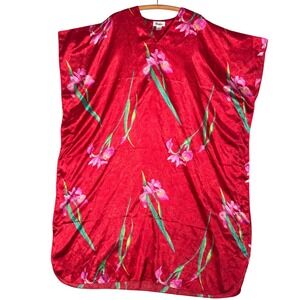 Winlar Kaftan One Size Fits Most Red Floral Print House Dress Leisure MuuMuu